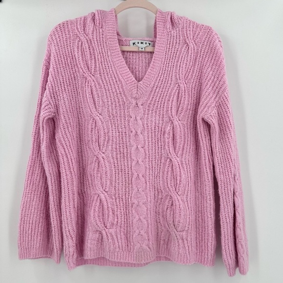 Kikit Women’s Pink Long Sleeve V-Neck Cable Knit Hooded Sweater Size Medium - Picture 1 of 9